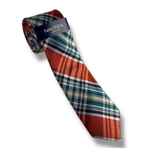 Nautica Men's 100% Silk Plaid Madras Tie Multicolor Orange Blue Green Preppy NEW